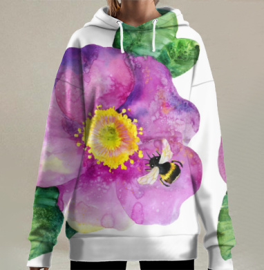 Цветок шиповника и шмель, Hoodie Long Oversize 3D