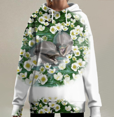 Радостные дельфины в зелёных белых цветах, Hoodie Long Oversize 3D