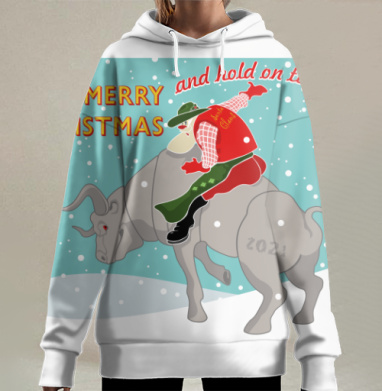 Весёлое рождество на быке держись крепче, Hoodie Long Oversize 3D