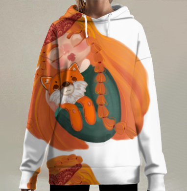 Девочка обнимает лисенка теплой нежностью, Hoodie Long Oversize 3D