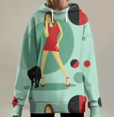 Девушка в красном платье с  черной злой кошкой у ног, Hoodie Long Oversize 3D