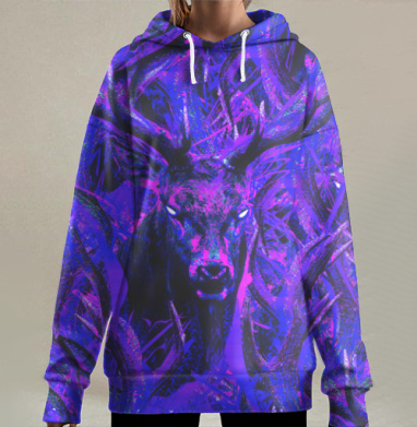 Олень в лесу с неоновыми синими фиолетовыми ветвями лесу, Hoodie Long Oversize 3D