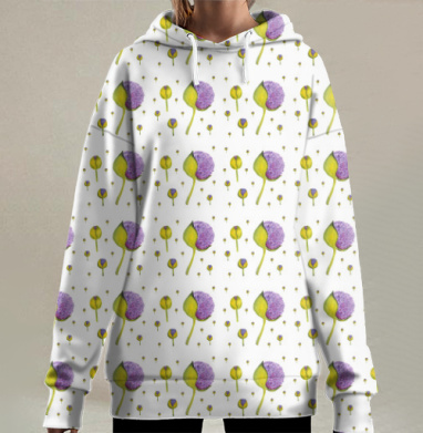 Желто сиреневый развивающийся цветок крупный на фоне, Hoodie Long Oversize 3D