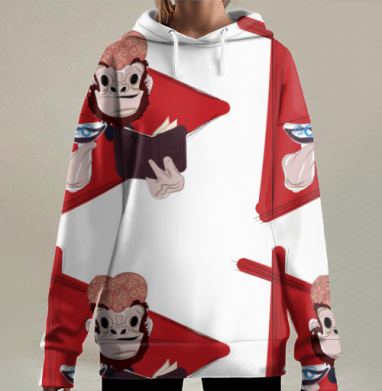 Обезьяна с книгой и бокалом Разум и знания умный дикарь, Hoodie Long Oversize 3D