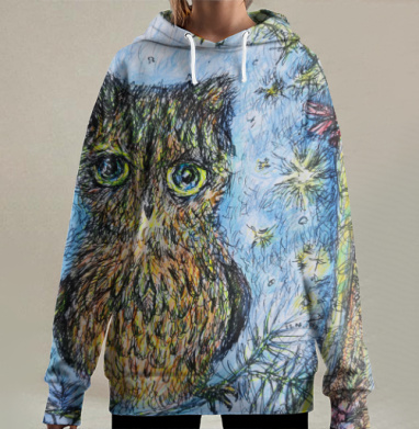 Сказочный совёнок на ветке с ночным небом на ветке с ночным небом, Hoodie Long Oversize 3D