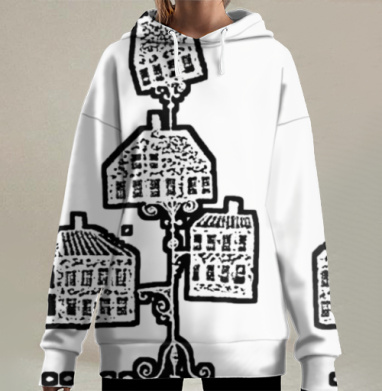 Четыре дома на кованой опоре городские контуры в деталях, Hoodie Long Oversize 3D