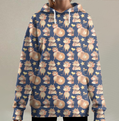 Веселые Бычки на Темно Синем фоне монеты звезды, Hoodie Long Oversize 3D