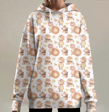Милые бычки с монетами на черном фоне, Hoodie Long Oversize 3D