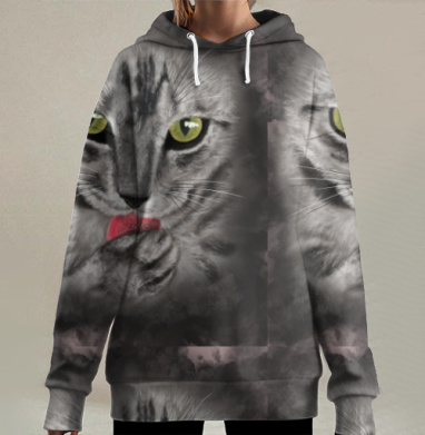 Серая кошка с зелеными глазами лижет лапку дымчатая кошка, Hoodie Long Oversize 3D