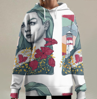 Созерцательная женщина с красными цветами на фоне маяка, Hoodie Long Oversize 3D