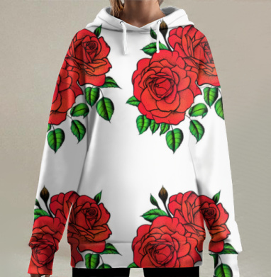Красные розы с зелеными листьями в ярком сочетании, Hoodie Long Oversize 3D