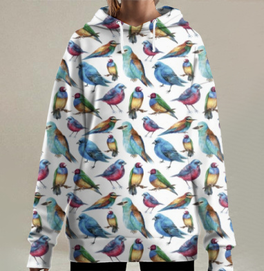 Акварельные птицы в калейдоскопическом узоре, Hoodie Long Oversize 3D