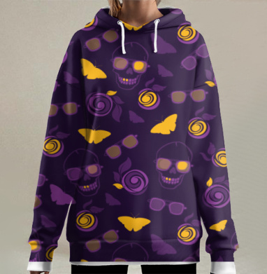 Веселые черепа с бабочками на праздничной вечеринке, Hoodie Long Oversize 3D