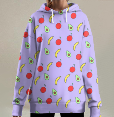 Яркие яблоки бананы авокадо паттерн на фиолетовом фоне, Hoodie Long Oversize 3D