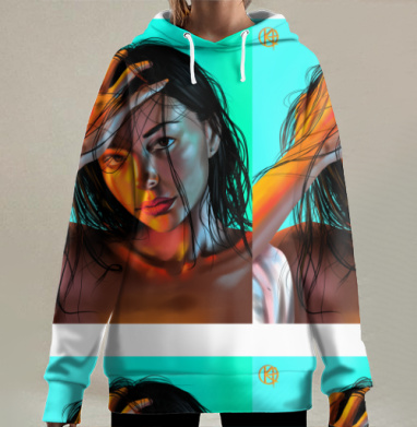 Женский портрет контраст света теплые тона ярко-голубой фоне, Hoodie Long Oversize 3D