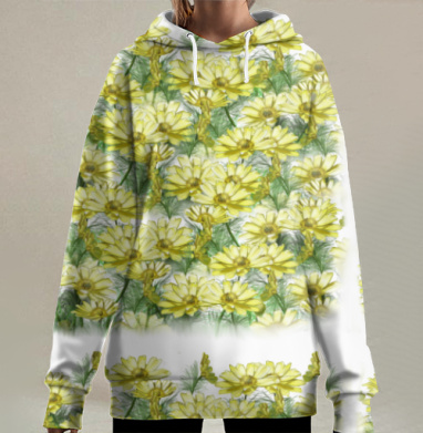 Желтые цветы зеленые листья летняя природа, Hoodie Long Oversize 3D