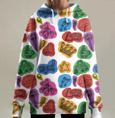 Яркая радостная композиция с надписями и символами на фоне, Hoodie Long Oversize 3D