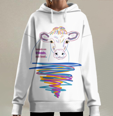 Взгляд коровы с надписью о дружбе с животными, Hoodie Long Oversize 3D