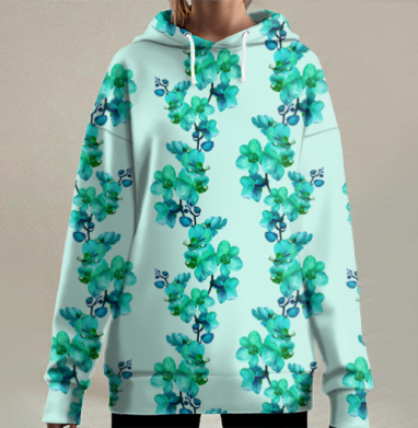 Голубые орхидеи в акварели нежность природы всегда, Hoodie Long Oversize 3D