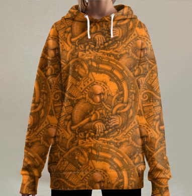Музыкант с трубами и городом в фоне на оранжевом фоне, Hoodie Long Oversize 3D