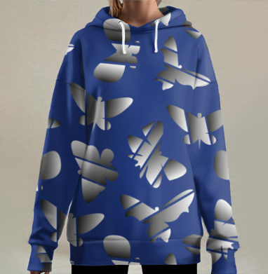 Серебристые бабочки на синем фоне бабочки, Hoodie Long Oversize 3D