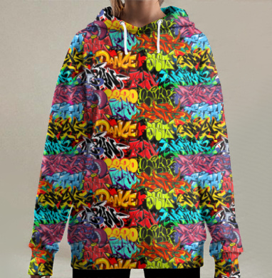 Яркая уличная культура граффити слова танцы энергия, Hoodie Long Oversize 3D