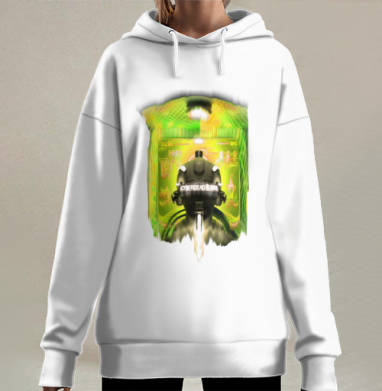 Кибернетический шлем неоновый зелёный жёлтый последние слова, Hoodie Long Oversize 3D