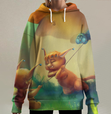 Грибные эльфы вытаскивают гусеницу из гриба, Hoodie Long Oversize 3D