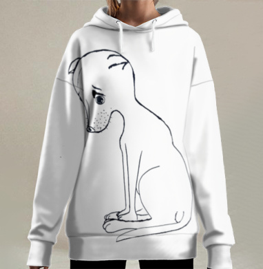 Одинокая грустная собака нарисованная чёрным на сером фоне, Hoodie Long Oversize 3D