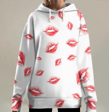 Отпечатки губ красной помады на белом фоне, Hoodie Long Oversize 3D