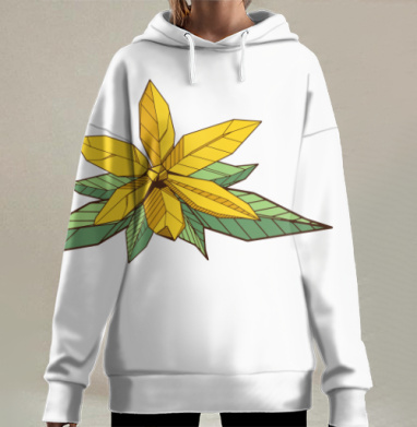Желтый цветок иланг-иланг зеленые листья голубой фон, Hoodie Long Oversize 3D