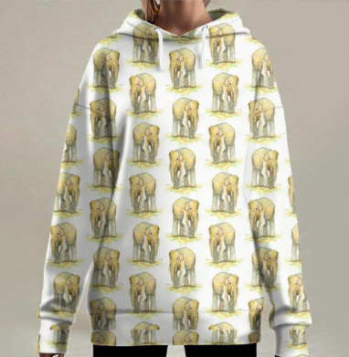 Величественный слон в акварельном узоре, Hoodie Long Oversize 3D