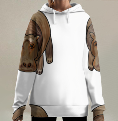 Большой грустный бегемот коричневого цвета, Hoodie Long Oversize 3D