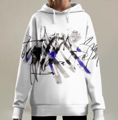 Абстрактное черно-синее движение с каллиграфическим экспрессия, Hoodie Long Oversize 3D