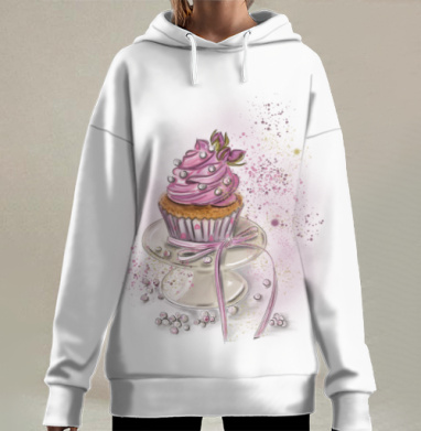 Нежный капкейк с воздушным малиновым кремом на подставке, Hoodie Long Oversize 3D