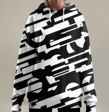 Динамичное искажение текста черно белое движение, Hoodie Long Oversize 3D