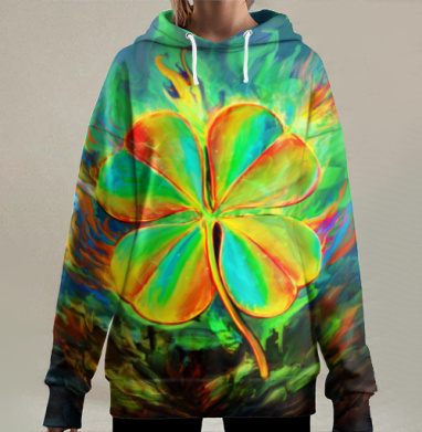 Яркий зелёный клевер с огненной энергией на фоне, Hoodie Long Oversize 3D