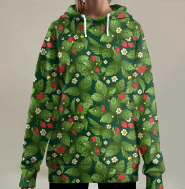 Яркий растительный узор с ягодами и листьями, Hoodie Long Oversize 3D