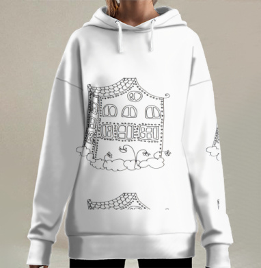 Уютный дом с цветами ручной рисунок для принтов на одежду и текстиль, Hoodie Long Oversize 3D