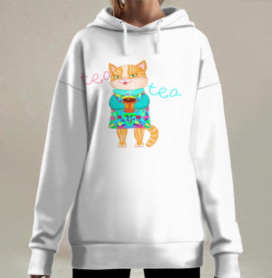 Весёлая рыжая кошка с чашкой чая в яркой одежде, Hoodie Long Oversize 3D