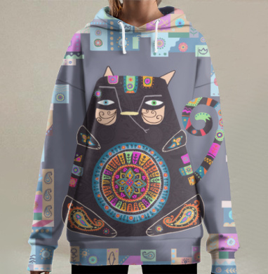 Мистический этнический кот с мандалой, Hoodie Long Oversize 3D