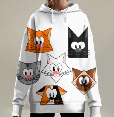 Разноцветные яркие коты на пурпурном фоне коты на пурпурном фоне, Hoodie Long Oversize 3D
