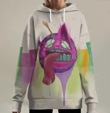 Кислотно Фиолетовый Кот С Радужным Фоном, Hoodie Long Oversize 3D