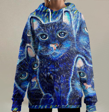 Мистические синие коты под светом полной луны, Hoodie Long Oversize 3D