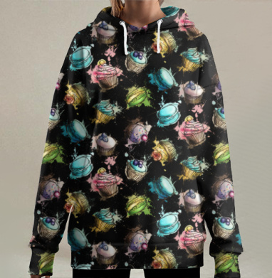 Пастельные капкейки с ягодами и цветами, Hoodie Long Oversize 3D