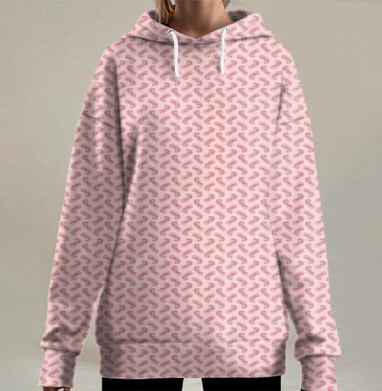 Коралловые креветки на розовом фоне бесконечный узор, Hoodie Long Oversize 3D