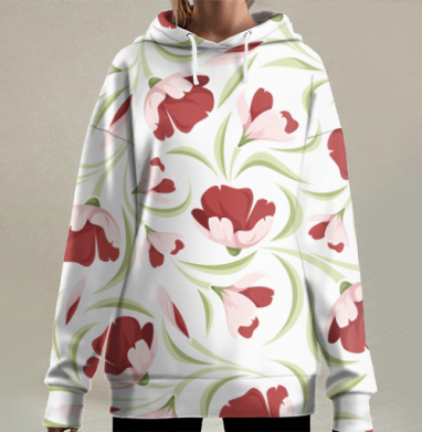 Красно розовые цветы с зелеными листьями на белом фоне, Hoodie Long Oversize 3D