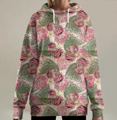 Курица и пионы паттерн, Hoodie Long Oversize 3D