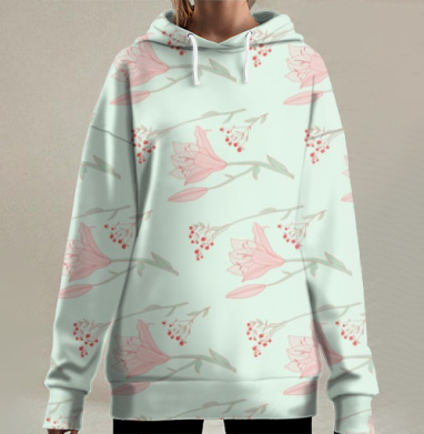 Нежность лилий и красных ягод в легком флоре, Hoodie Long Oversize 3D
