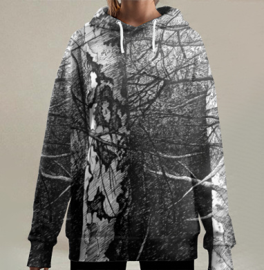 Берёзовый ствол с игрой света и тени, Hoodie Long Oversize 3D